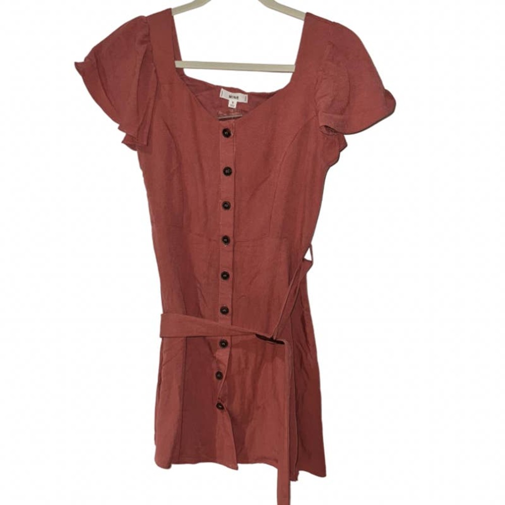 MINE MAUVE TIE WAIST BUTTON UP MINI DRESS SMALL